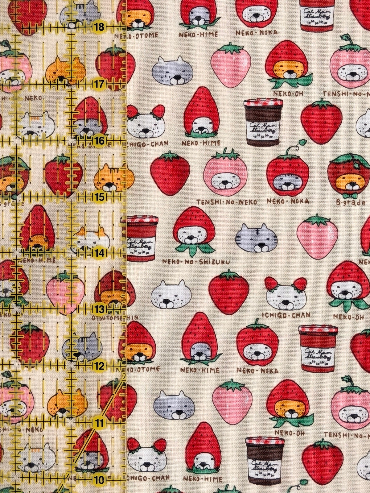 Kobayashi - Neko Strawberry Jam Cotton Linen Oxford Canvas Fabric - Beige