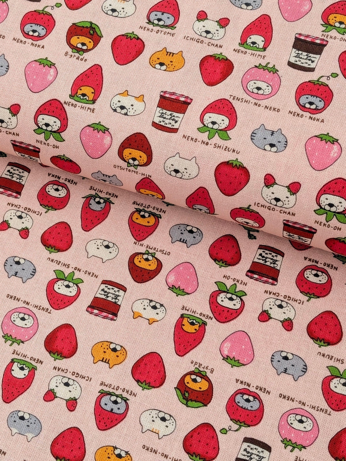 Kobayashi - Neko Strawberry Jam Cotton Linen Oxford Canvas Fabric - Pink