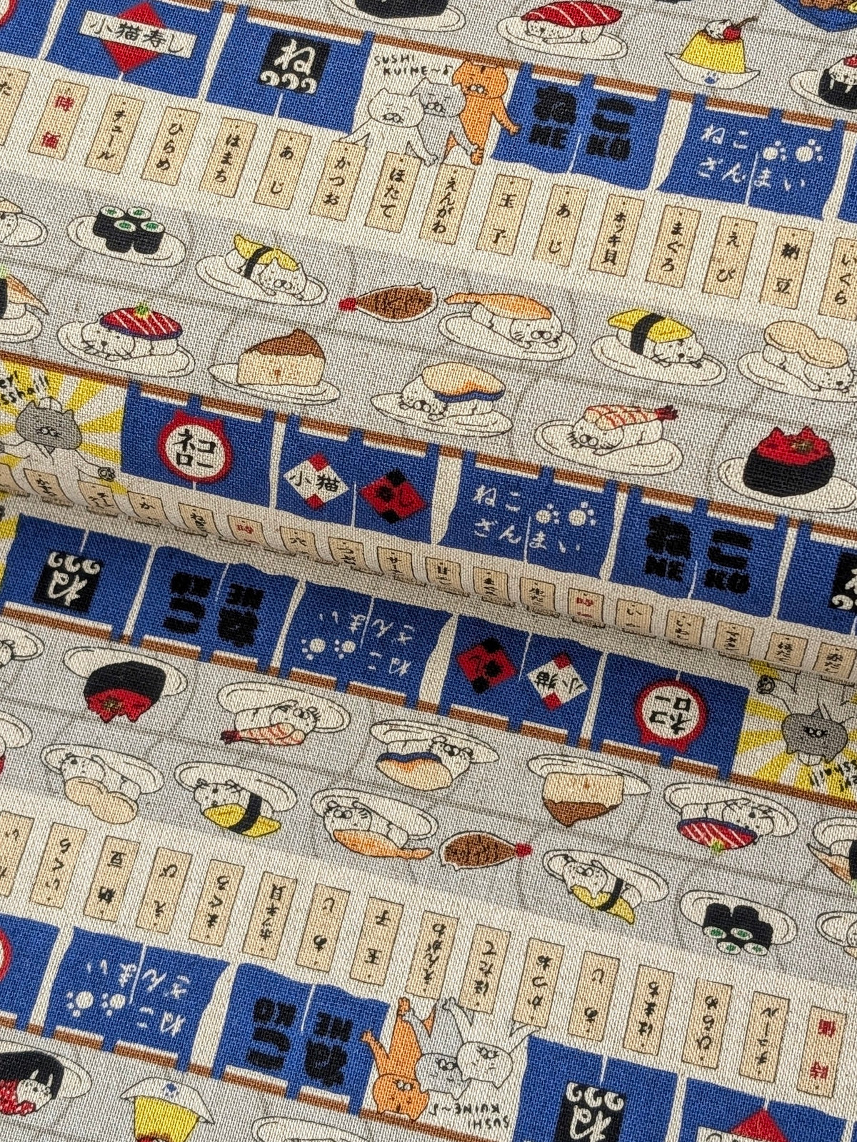 Kobayashi - Neko Sushi Train Cotton Linen Oxford Canvas Fabric - Blue