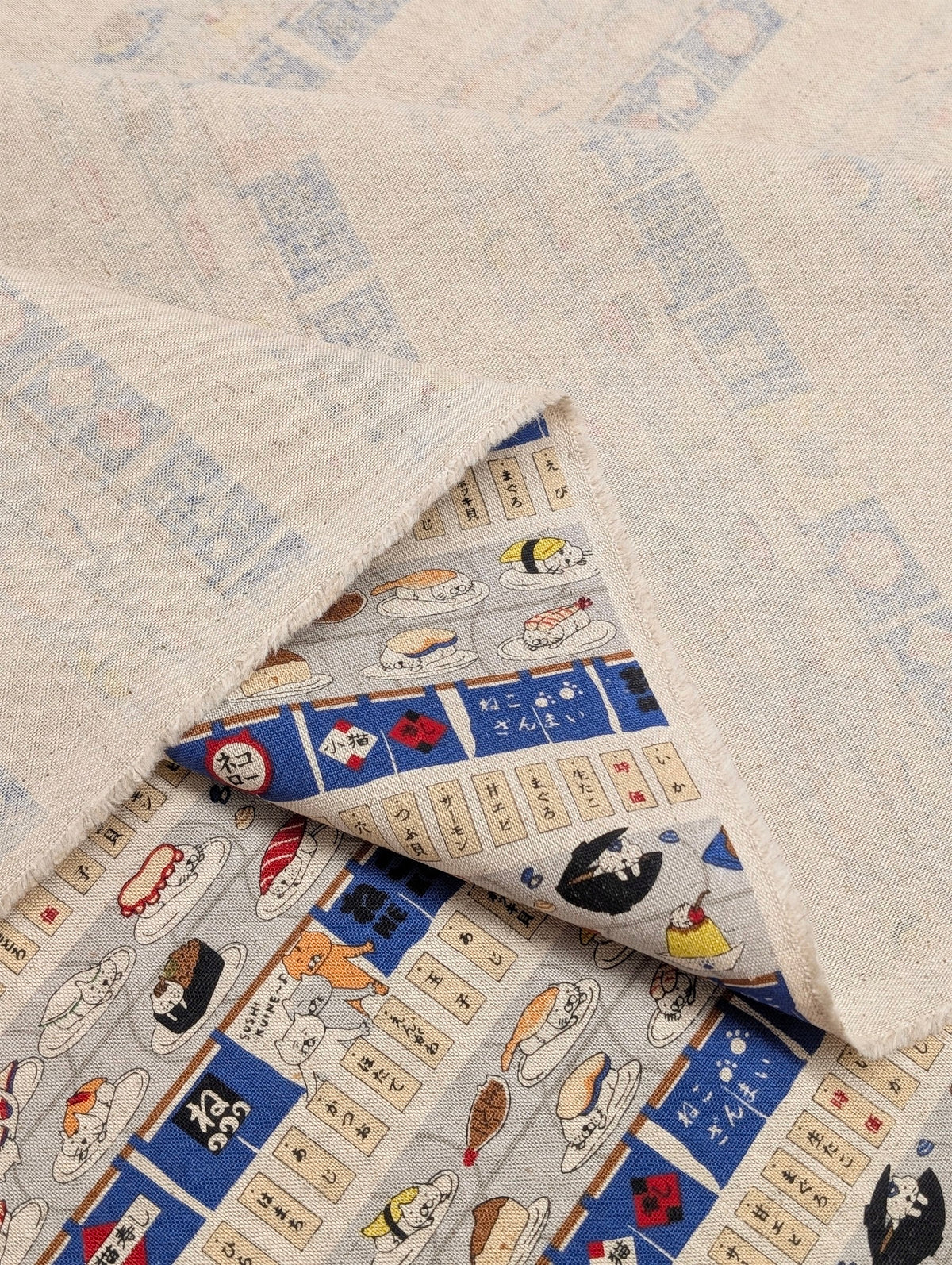 Kobayashi - Neko Sushi Train Cotton Linen Oxford Canvas Fabric - Blue