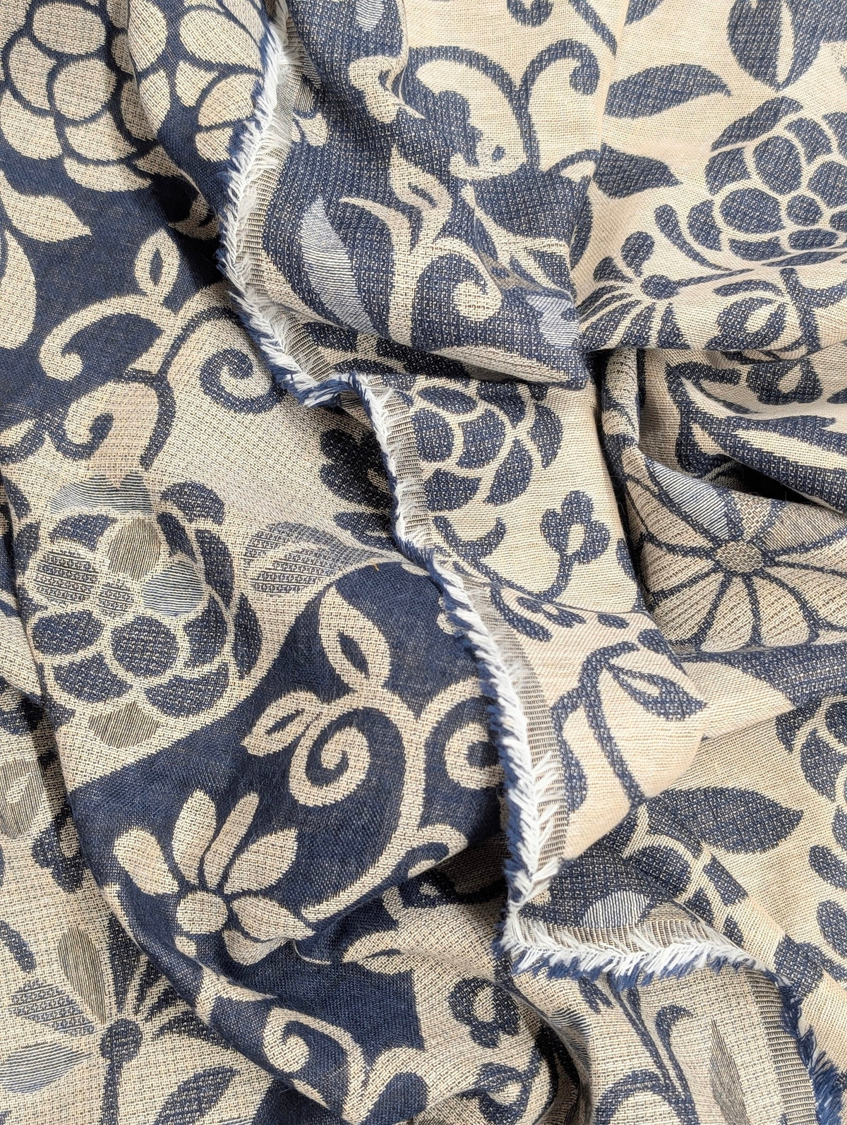 Kobayashi - Floral Vines Double Sided Jacquard Cotton Fabric - Blue & Beige