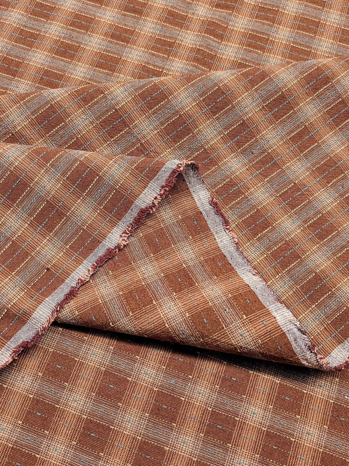 MYD - Dotted Texture Cotton Gingham Plaid Yarn Dyed Fabric - Brick and Cream