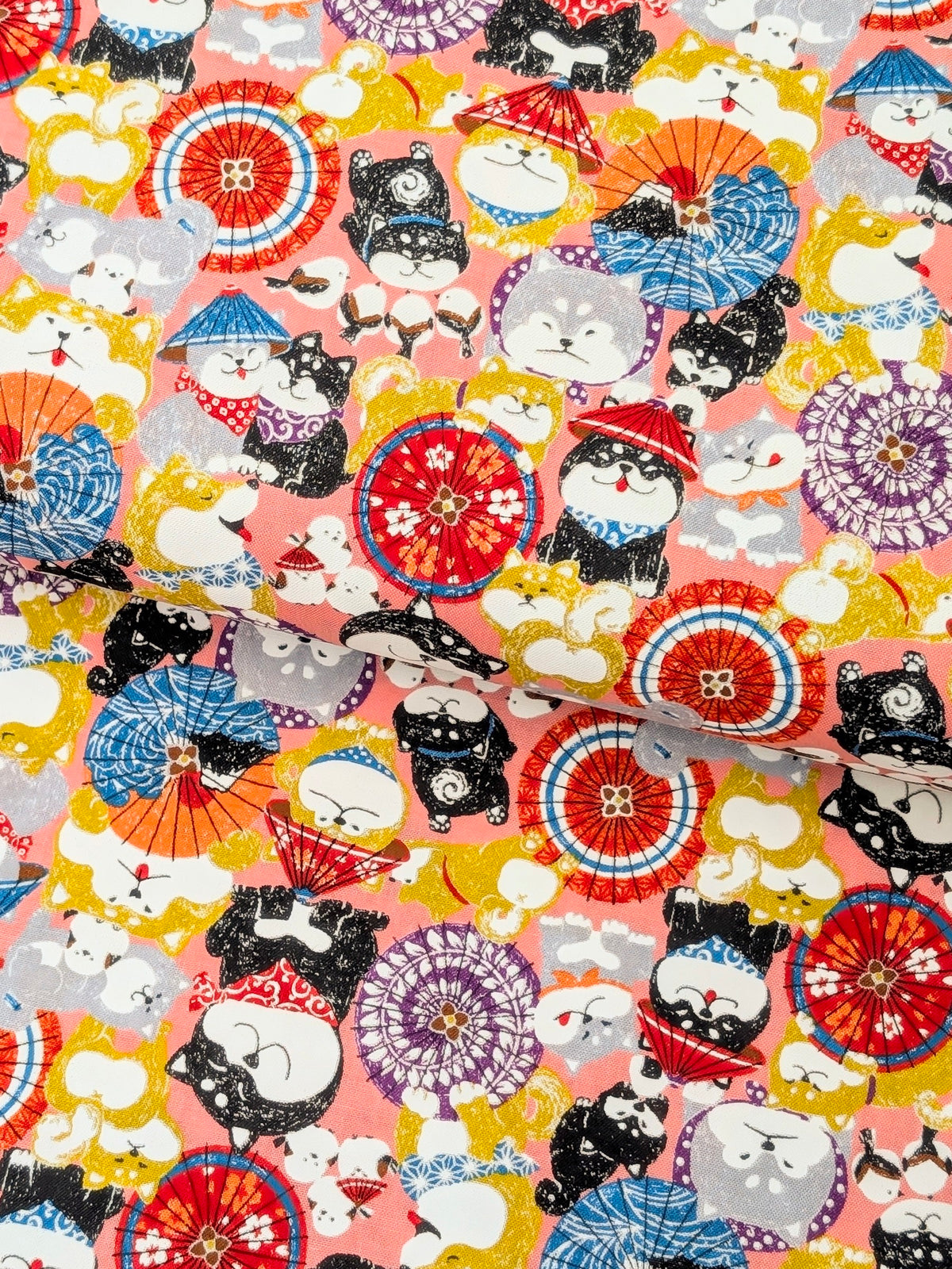 CoCo - Shiba & Parasols Cotton Shirting Fabric - Pink REMNANT