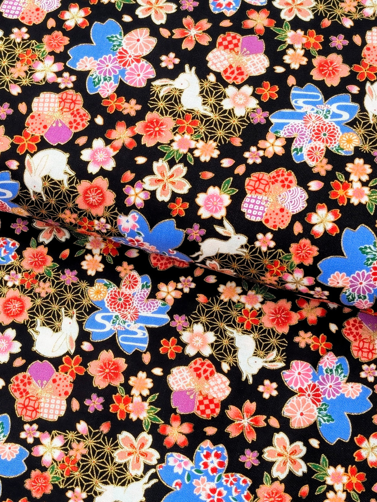 CoCo - Golden Rabbits & Cherry Blossoms Cotton Shirting Fabric - Black