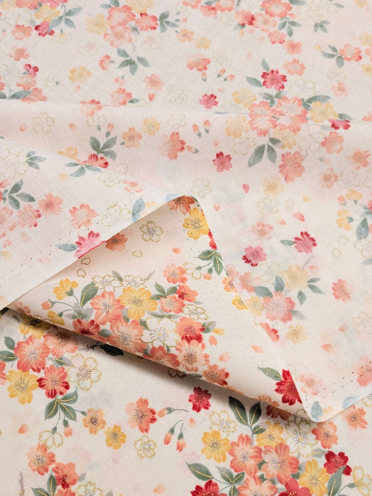 Kokka - Golden Cherry Blossoms Cotton Sheeting Fabric - White