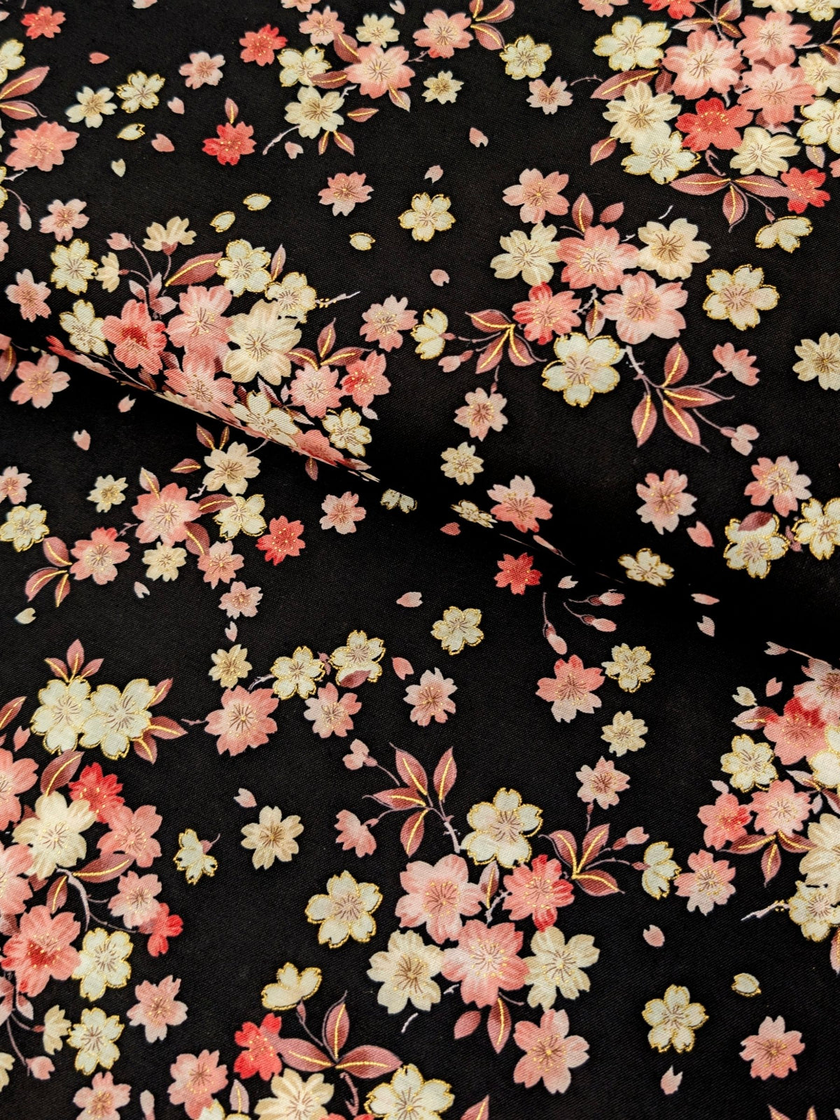 Kokka - Golden Cherry Blossoms Cotton Sheeting Fabric - Black REMNANT