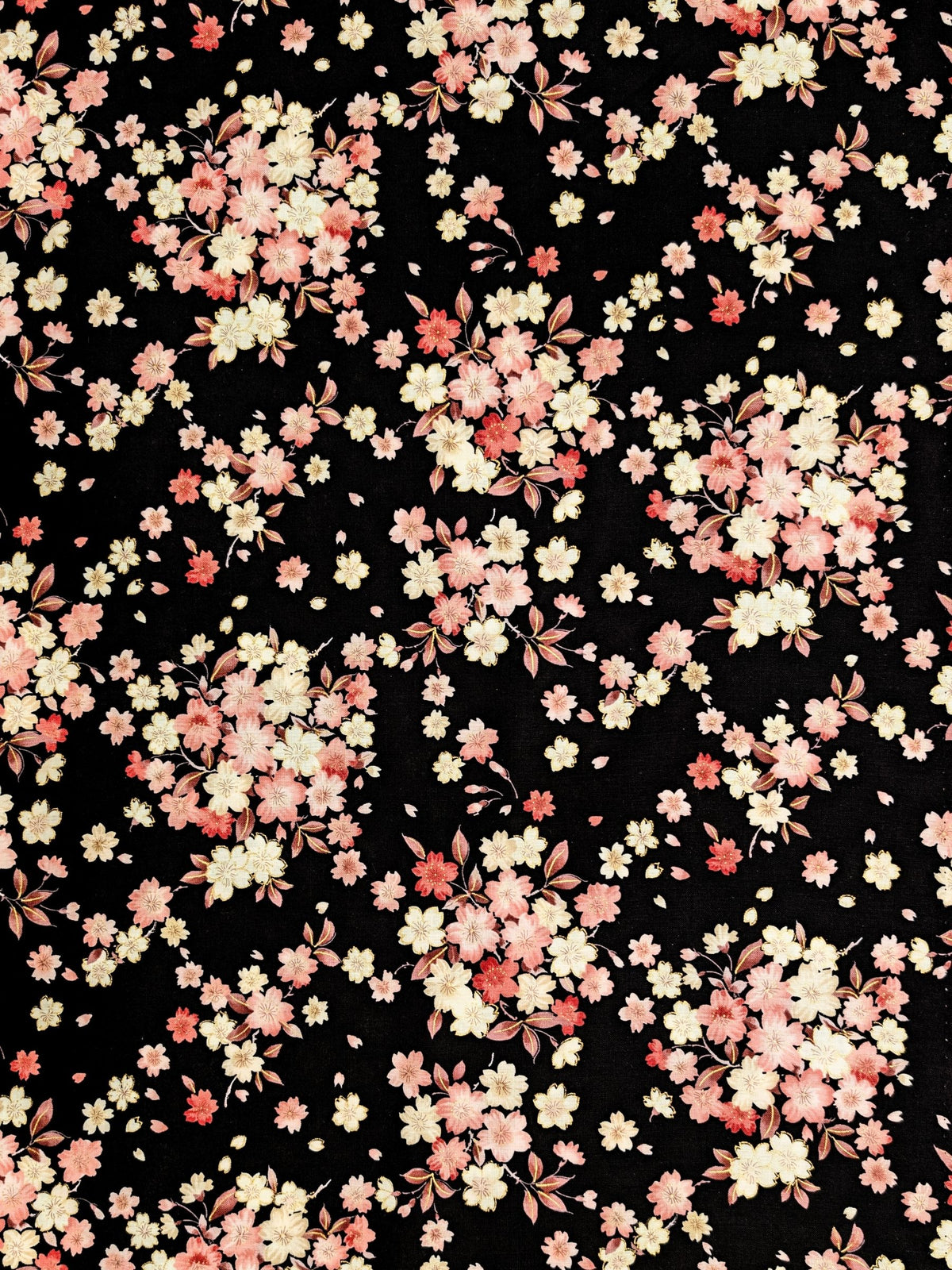 Kokka - Golden Cherry Blossoms Cotton Sheeting Fabric - Black REMNANT