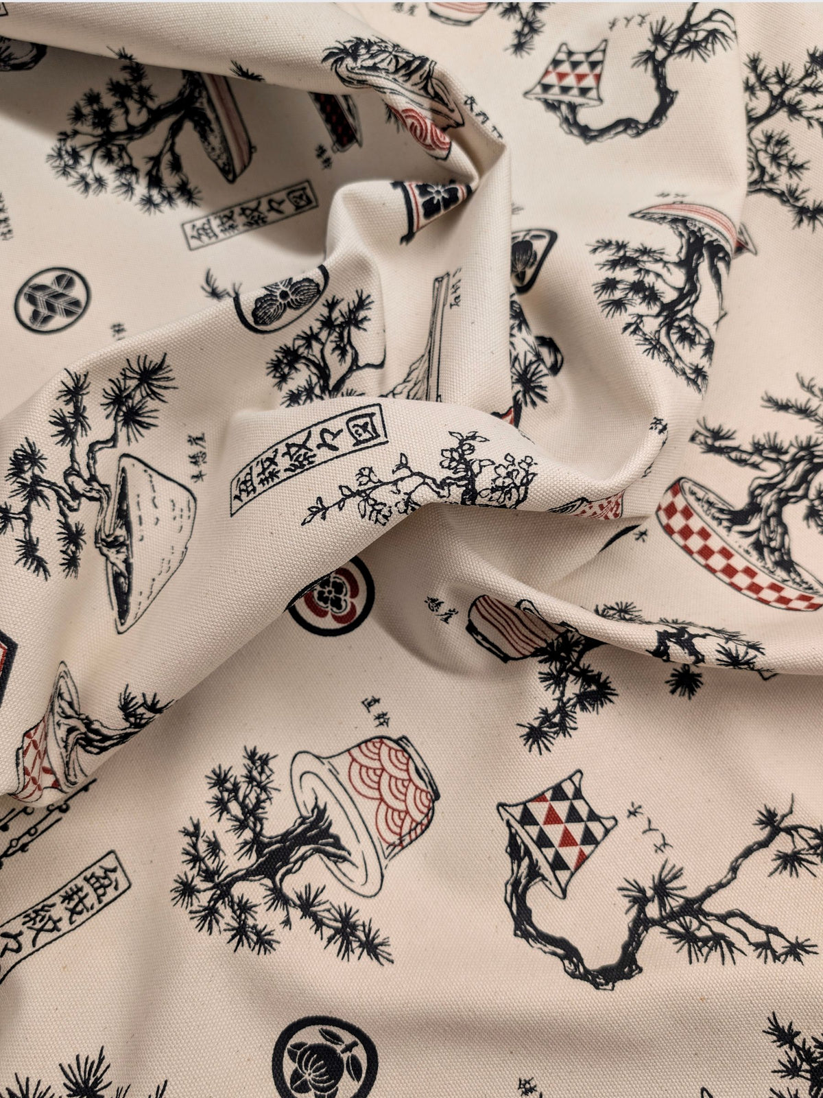 Kokka - Bonsai Trees Cotton Duck Canvas Fabric - Beige & Red