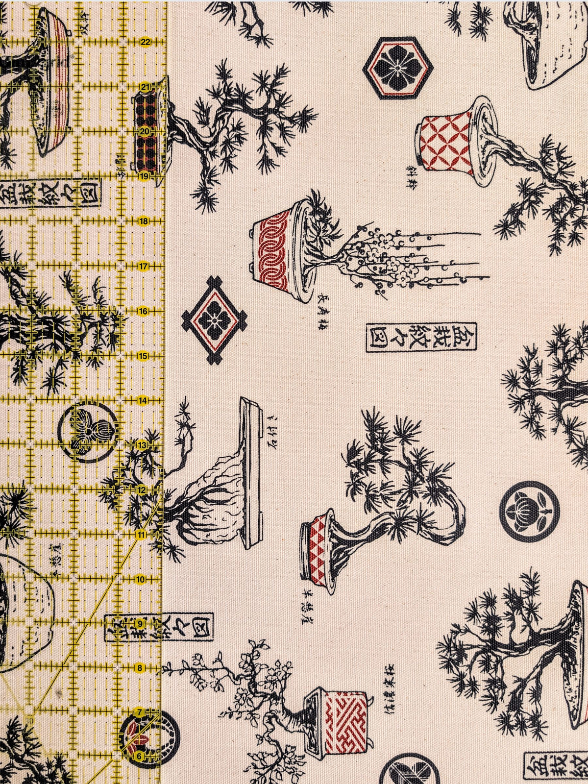 Kokka - Bonsai Trees Cotton Duck Canvas Fabric - Beige & Red