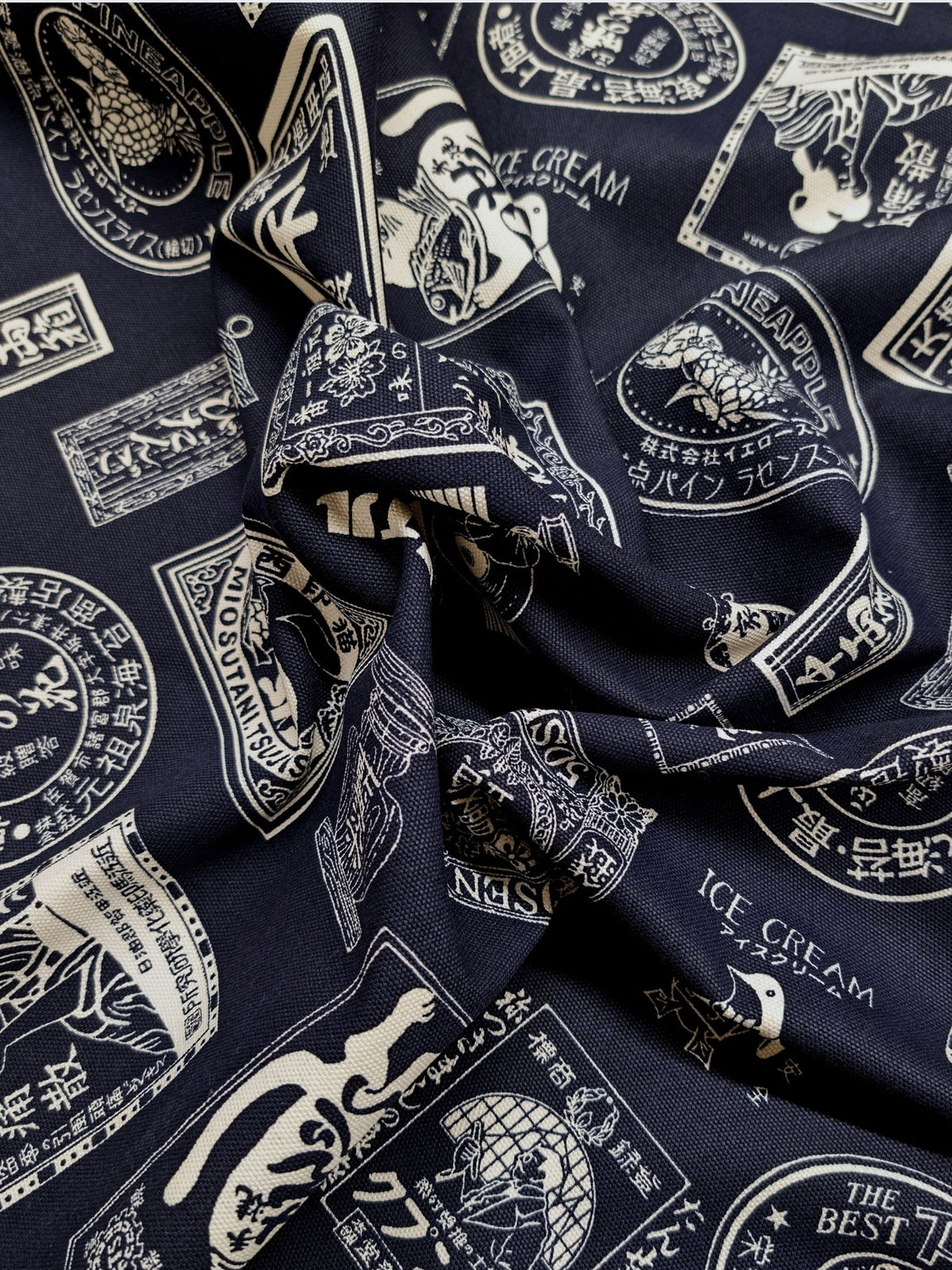 Kokka - Japanese Labels Cotton Duck Canvas Fabric - Navy & White
