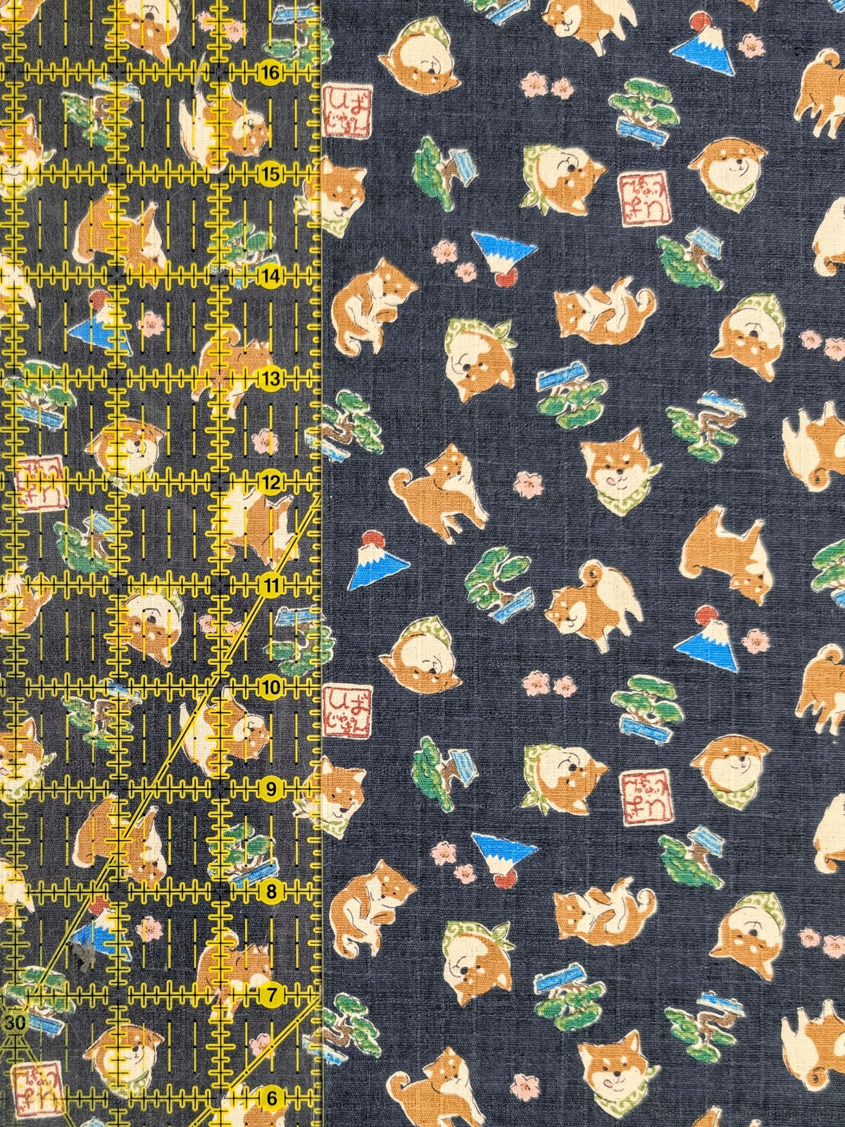 Kokka - Little Shibas and Bonsai Cotton Dobby Fabric - Gray-Blue