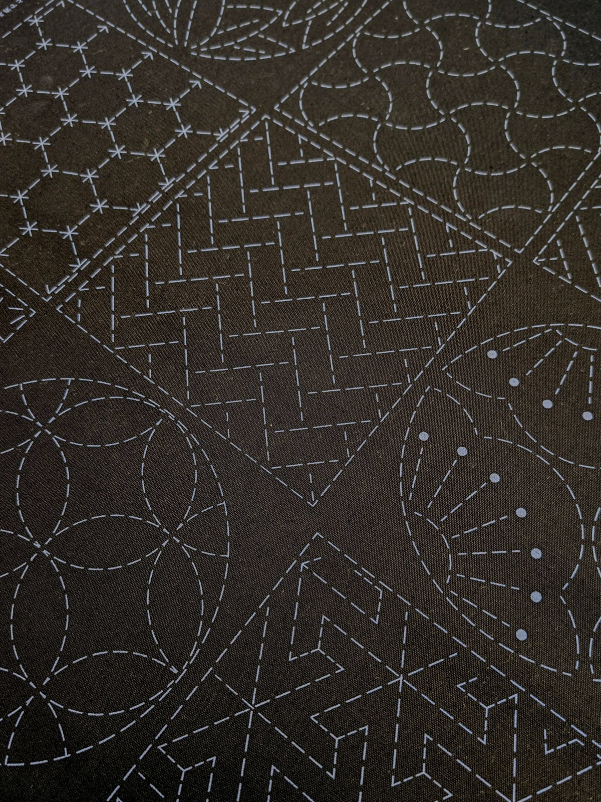 Ayatex - Patterned Blocks and Circles Pre-Printed Sashiko Cotton Fabric - Black/Navy/Beige