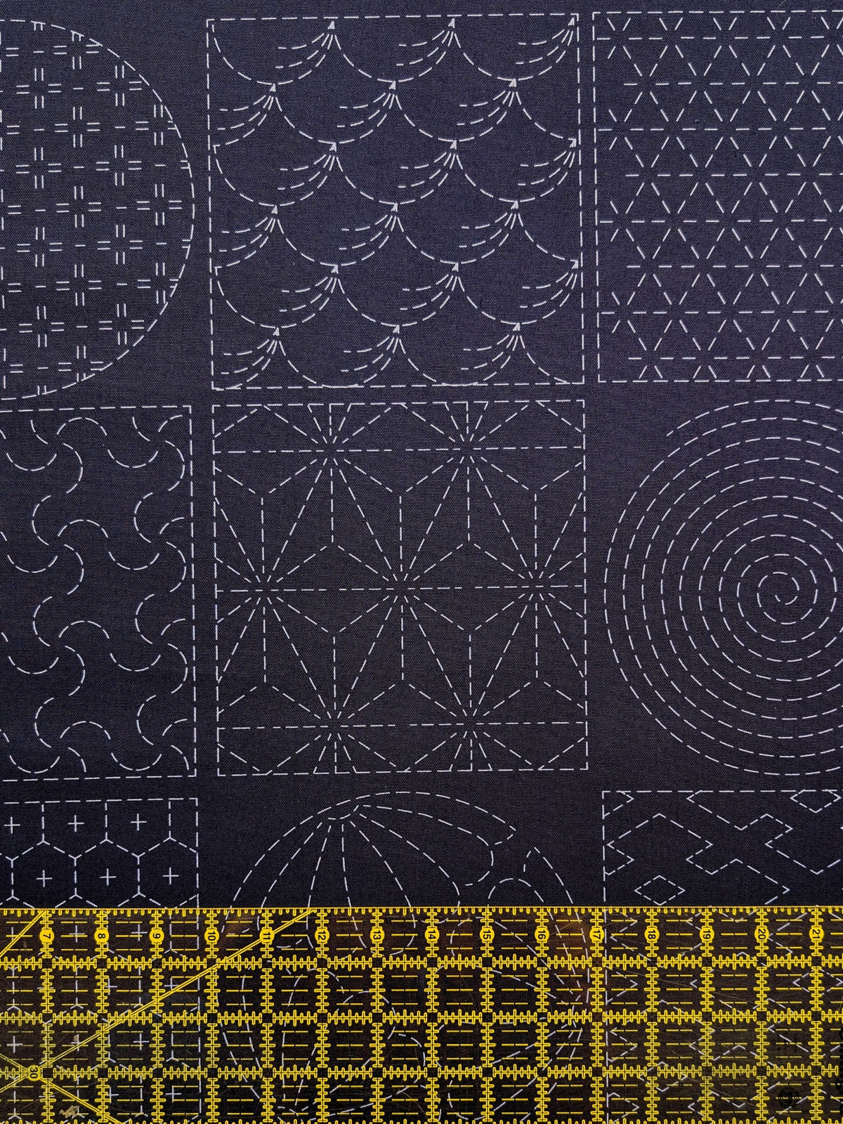 Ayatex - Patterned Blocks and Circles Pre-Printed Sashiko Cotton Fabric - Black/Navy/Beige