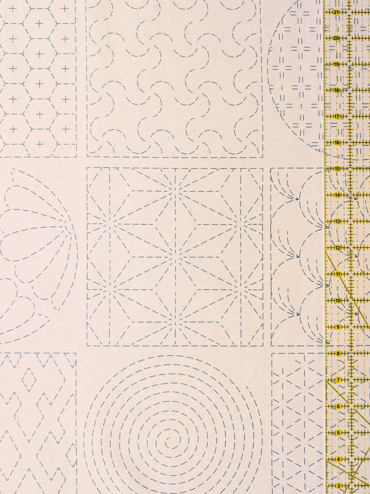 Ayatex - Patterned Blocks and Circles Pre-Printed Sashiko Cotton Fabric - Black/Navy/Beige