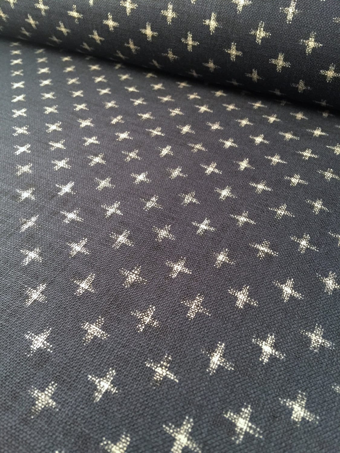 Sevenberry cross kasuri-style print Japanese cotton fabric 88223-23 navy blue beige