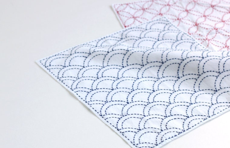 Yokota - Fan and Basketweave Cotton Sashiko Fukin Sampler Cloth - White