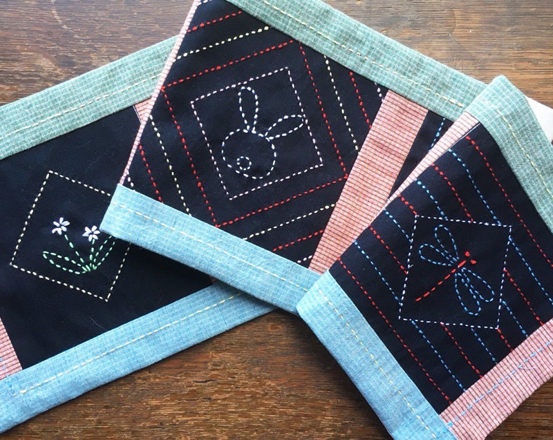 Orimono Imports - Sashiko Coaster/Quilt Blocks Set with Printed Washout Design