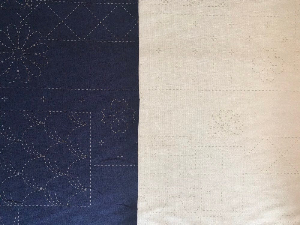 Orimono Imports - Flowers and Blocks Sashiko Washout Fabric Panel - Dark Navy, Cream, or Black