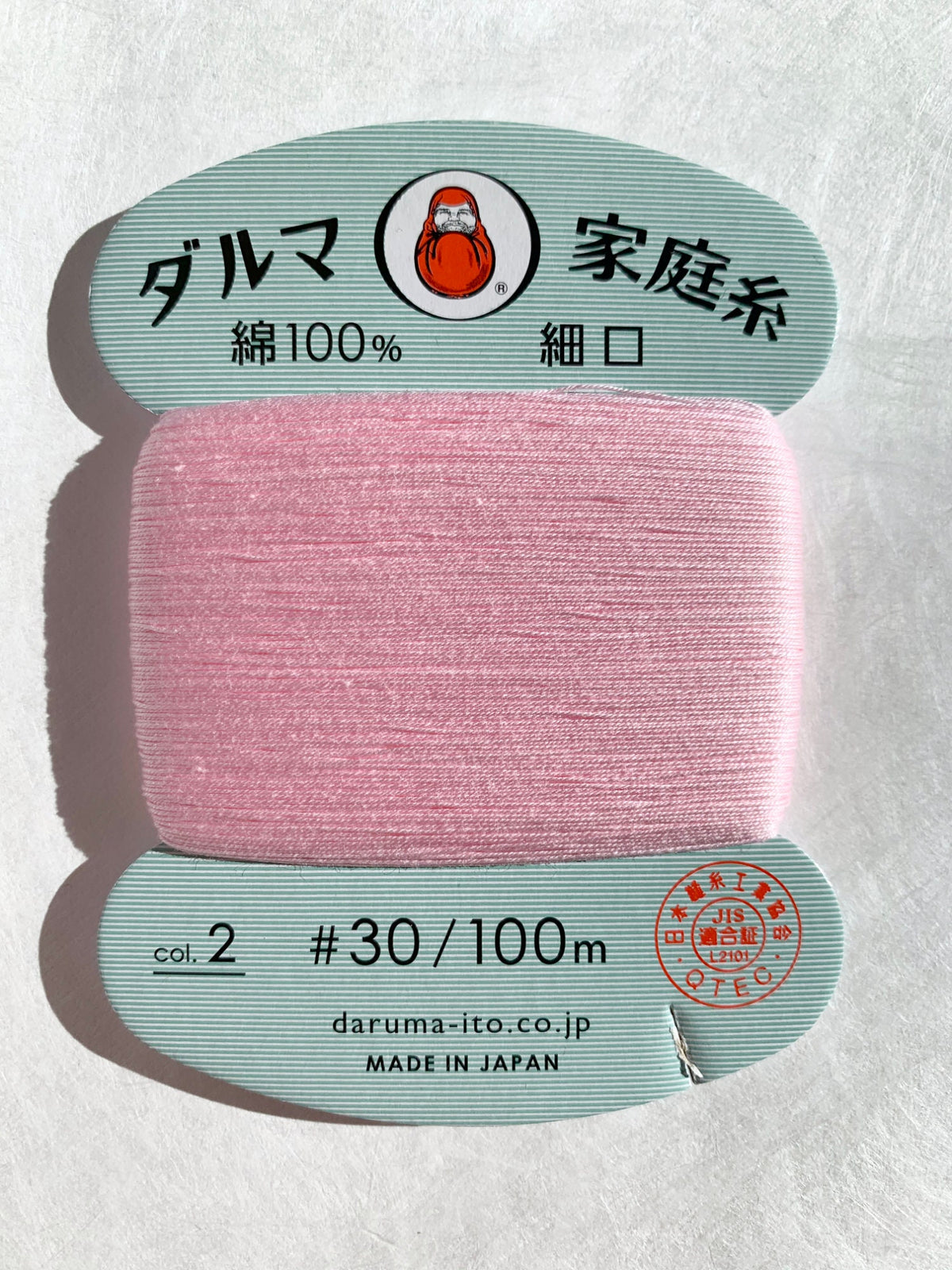 Daruma - Cotton Hand Sewing Thread Size #30 100m Card - Color #2 Sakura Pink