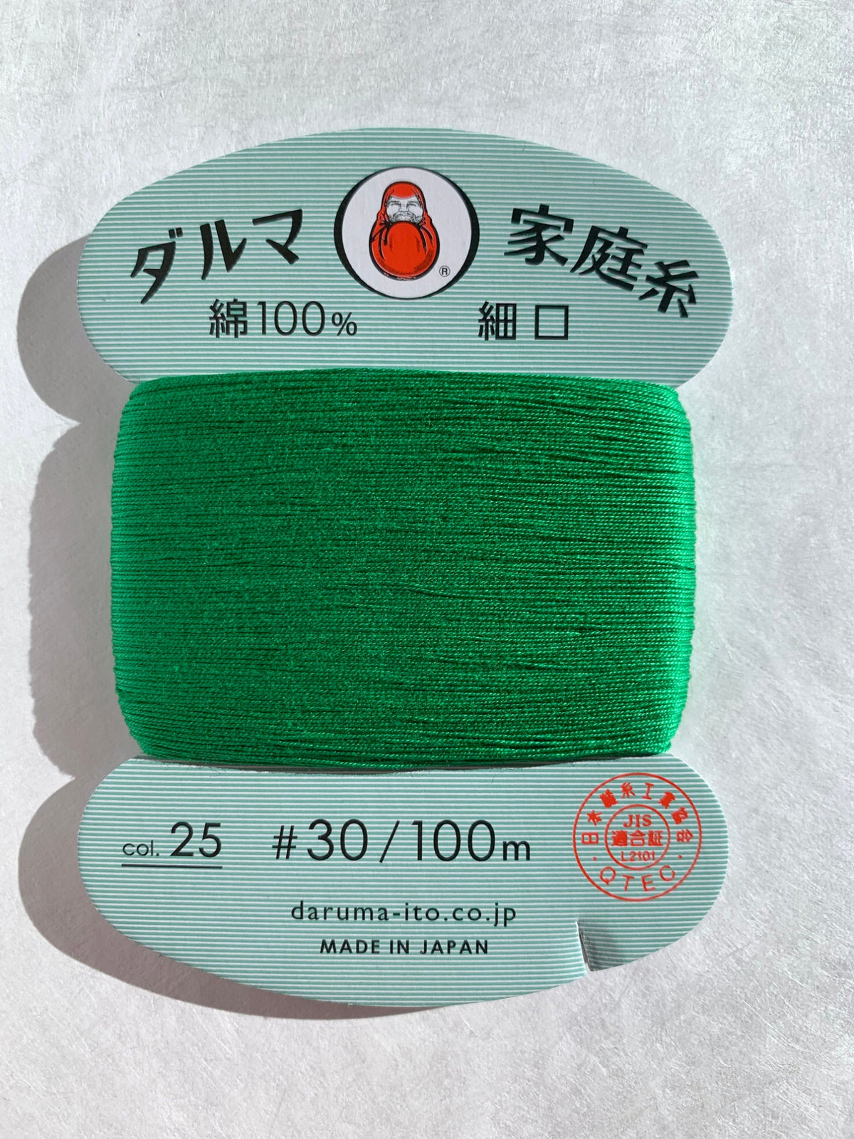 Daruma - Cotton Hand Sewing Thread Size #30 100m Card - Color #25 Kelly Green