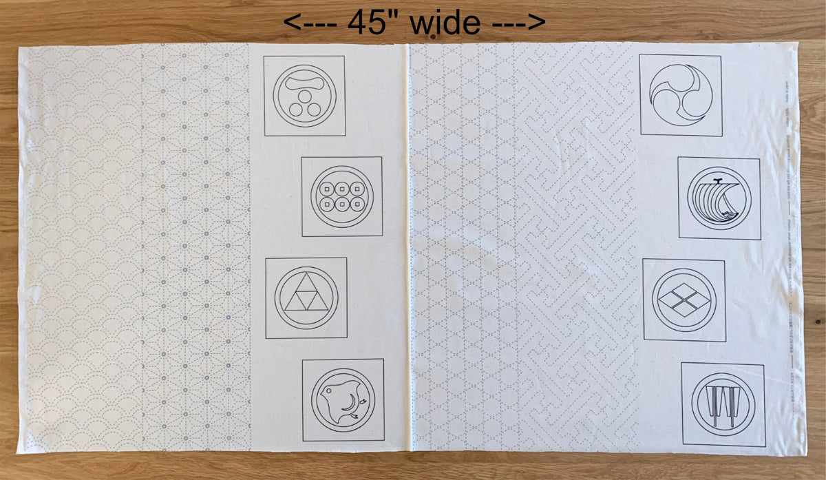 Ayatex - Family Crests Sashiko Fabric Panel - Black Blue Beige