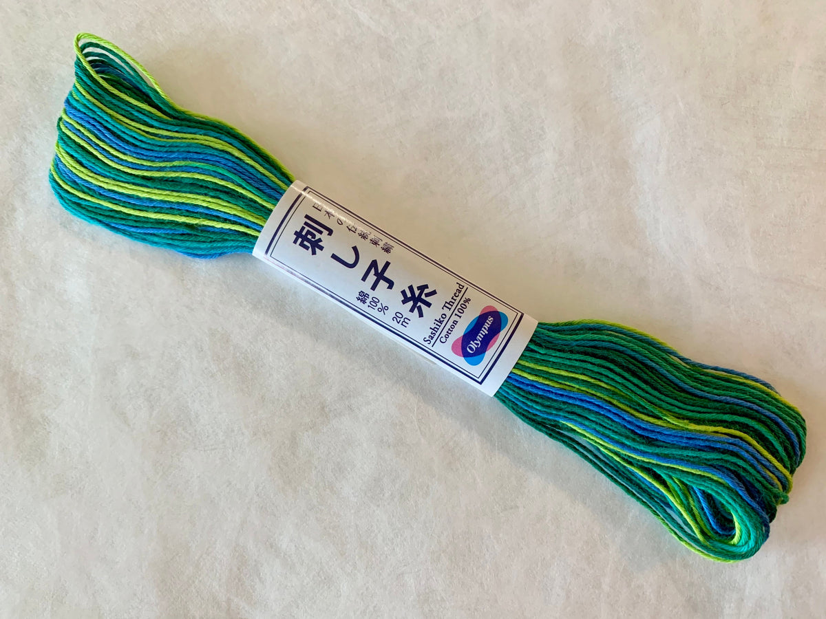 Olympus - Cotton Sashiko Thread 20m Skein - Color #77 Neon Variegated Blue Green