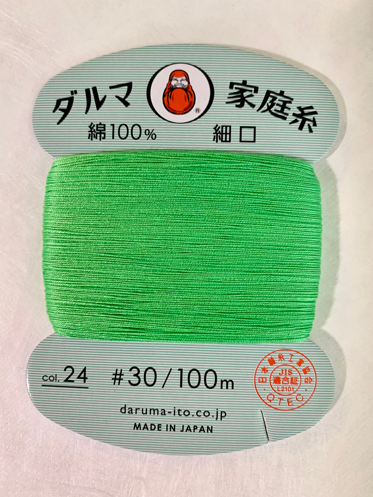 Daruma - Cotton Hand Sewing Thread Size #30 100m Card - Color #24 Greenish Yellow