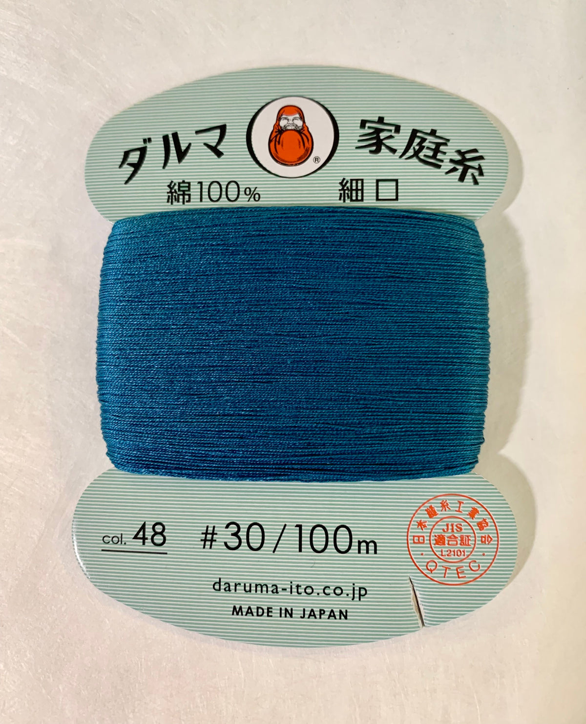 Daruma - Cotton Hand Sewing Thread Size #30 100m Card - Color #48 Greenish Blue