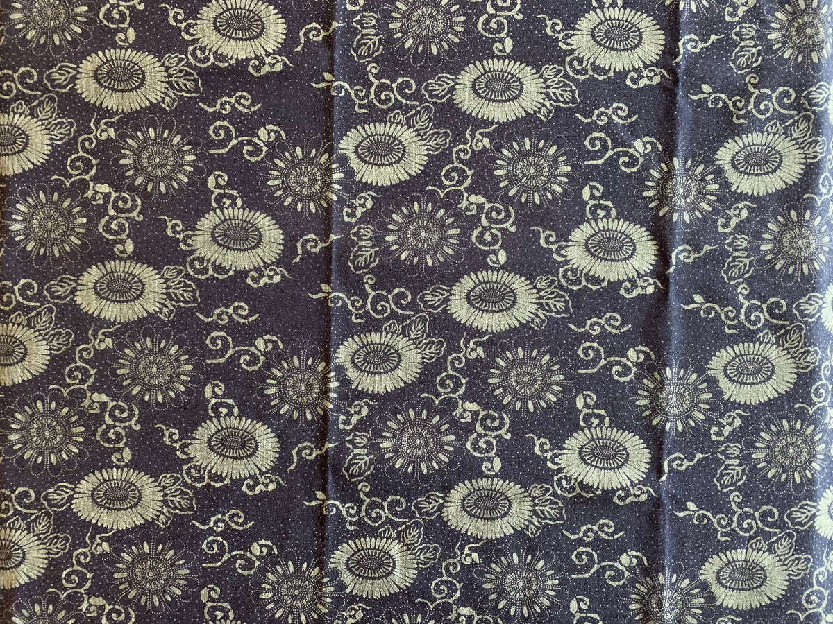 Vintage look chrysanthemum Japanese cotton fabric natural aizome indigo blue gray