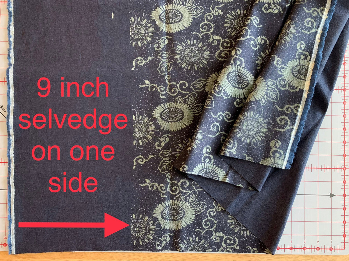 Vintage look chrysanthemum Japanese cotton fabric natural aizome indigo blue gray