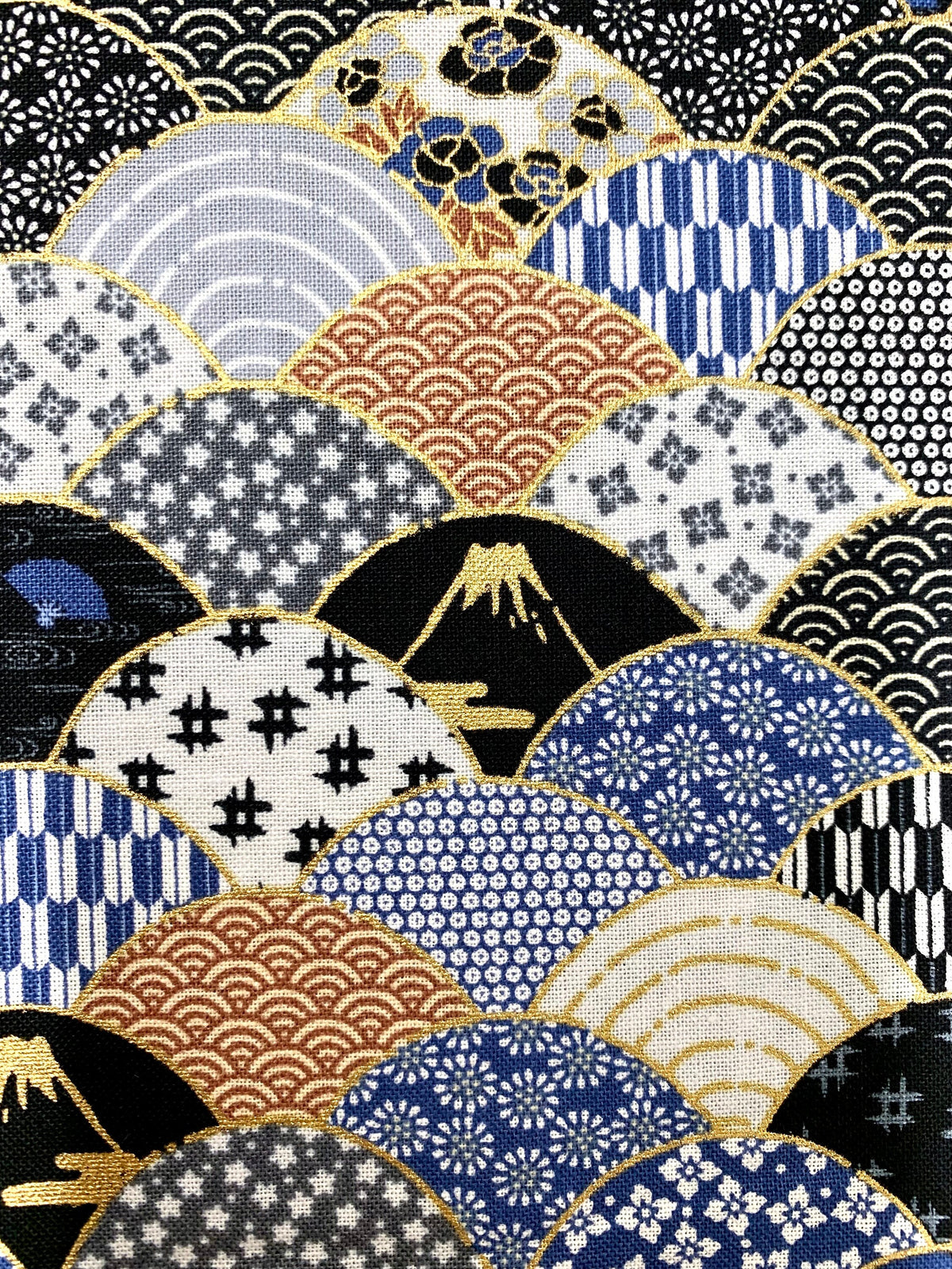 Mt. Fuji and Waves Japanese cotton fabric 2000-89B black gray brown blue gold