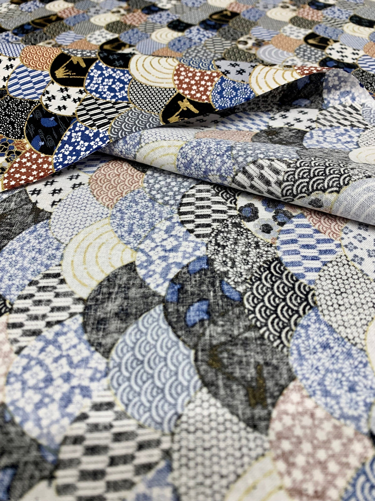 Mt. Fuji and Waves Japanese cotton fabric 2000-89B black gray brown blue gold