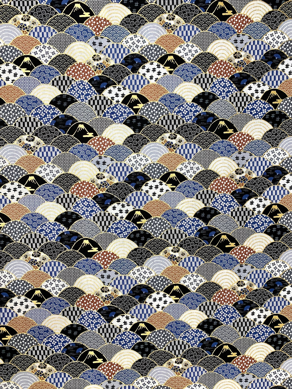 Mt. Fuji and Waves Japanese cotton fabric 2000-89B black gray brown blue gold