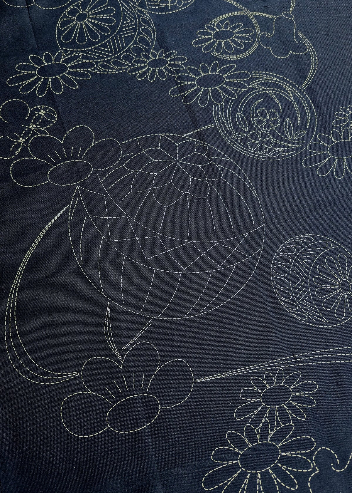 Orimono Imports - Flowering Temari Sashiko Washout Fabric Panel - Navy