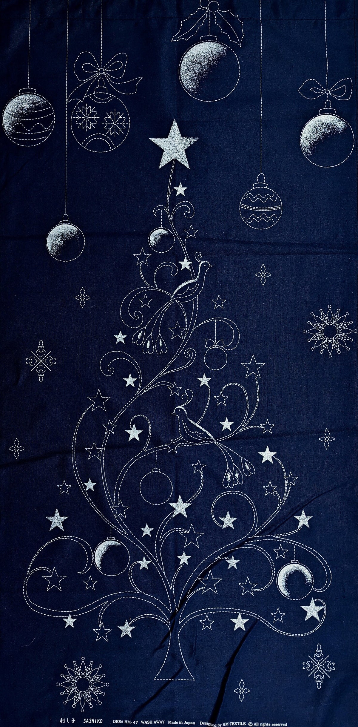 Orimono Imports - Christmas Vine Sashiko Washout Fabric Panel - Navy/White/Green/Red