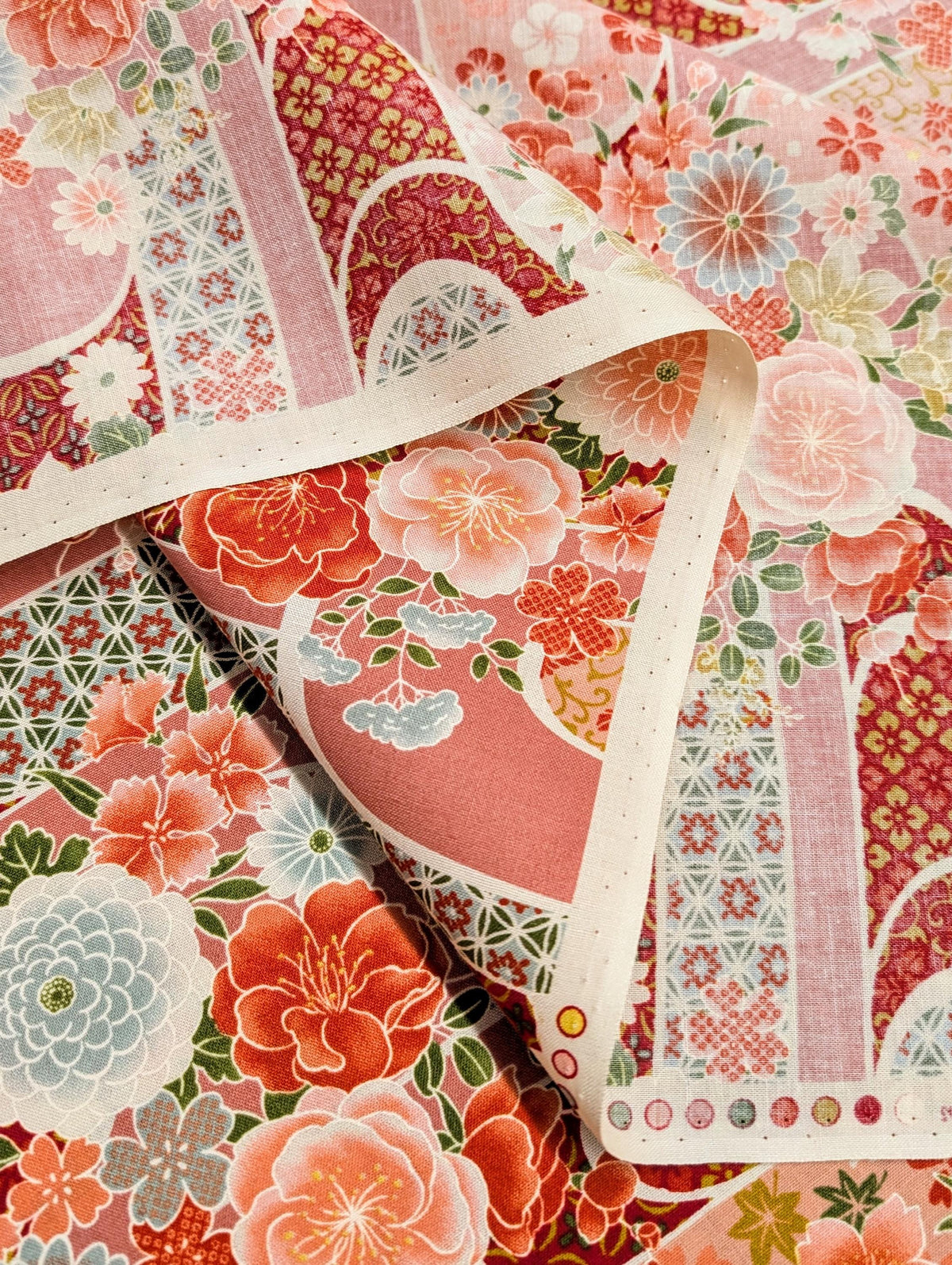 Floral Waves Sevenberry Japanese cotton fabric 850427-1-4 pink and red