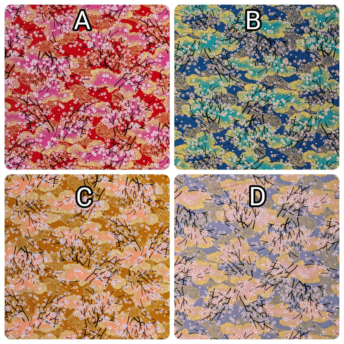 Cherry Blossom Trees with Gold Japanese cotton fabric A-45000-68 B blue & teal