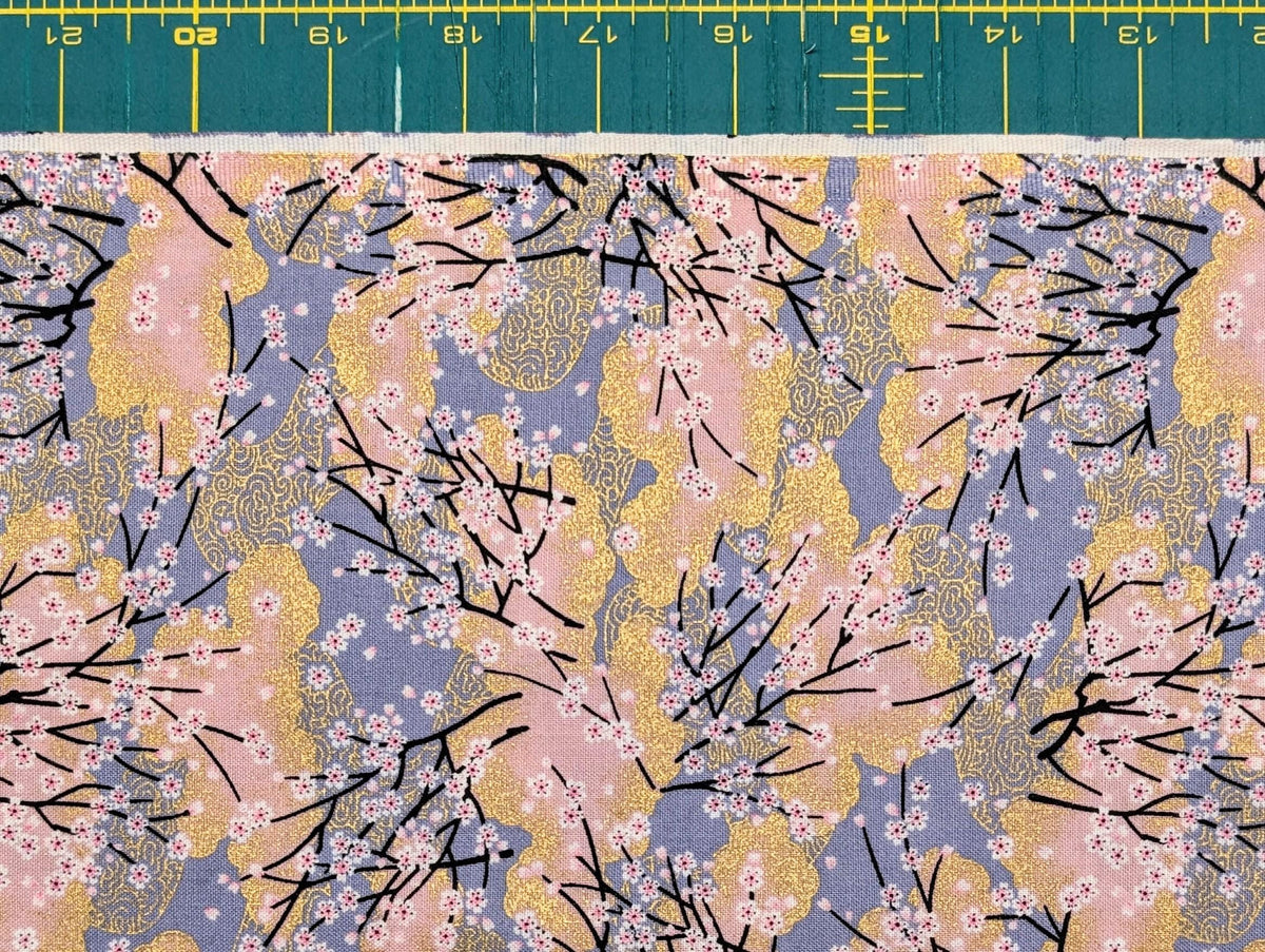 Cherry Blossom Trees with Gold Japanese cotton fabric A-45000-68 D pink & gray
