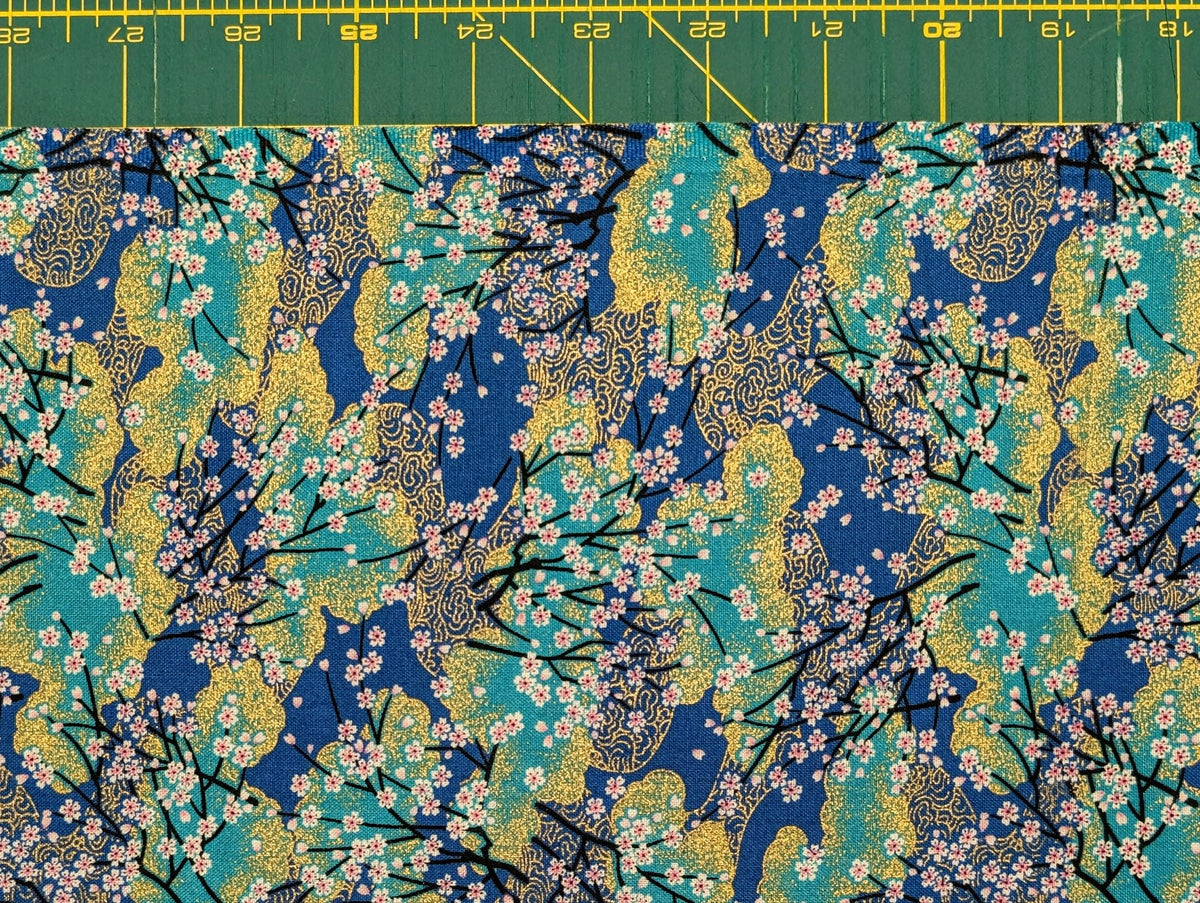 Cherry Blossom Trees with Gold Japanese cotton fabric A-45000-68 B blue & teal