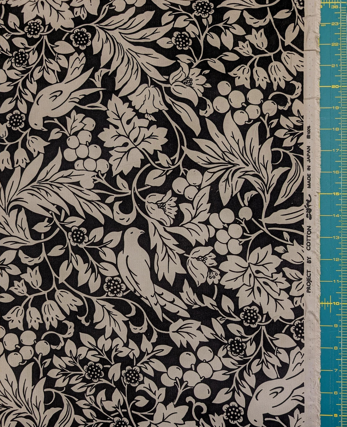 Kobayashi - NEW Botanical Doves Pin Wale Cotton Corduroy - Black & Gray