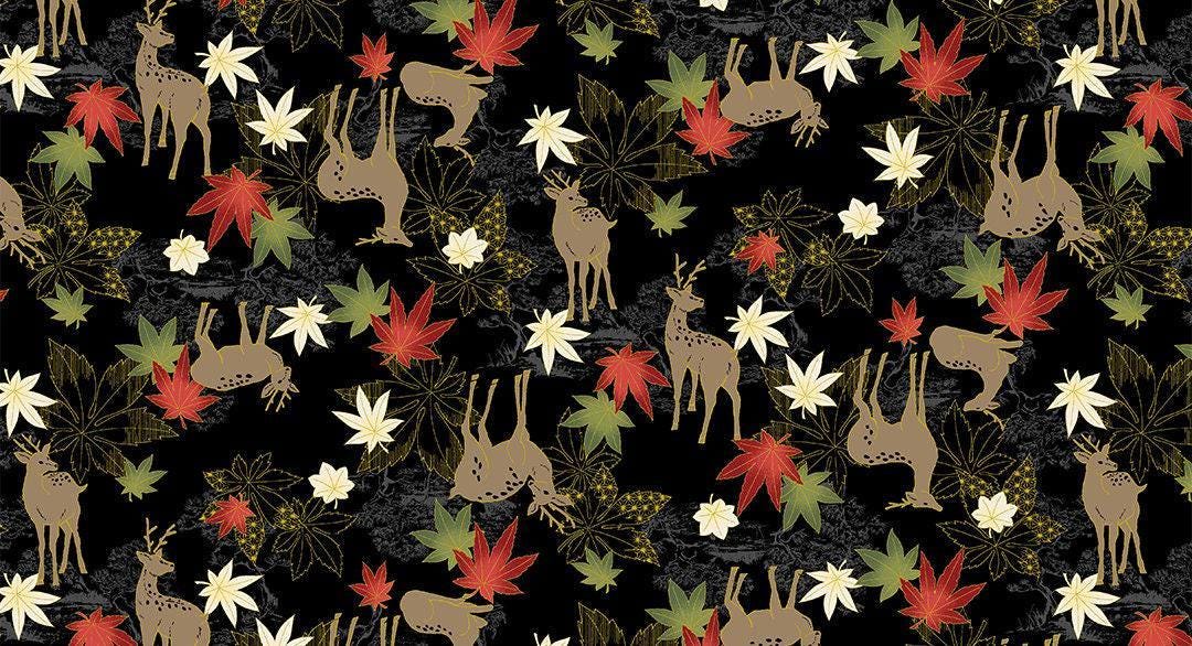 QuiltGate - Hyakka Ryoran Deer and Maple Leaf Cotton Fabric - Black Red Green Gold