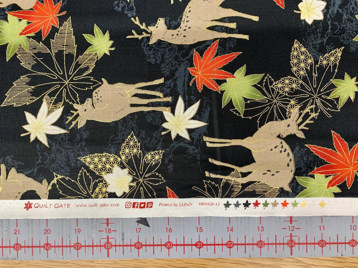 QuiltGate - Hyakka Ryoran Deer and Maple Leaf Cotton Fabric - Black Red Green Gold