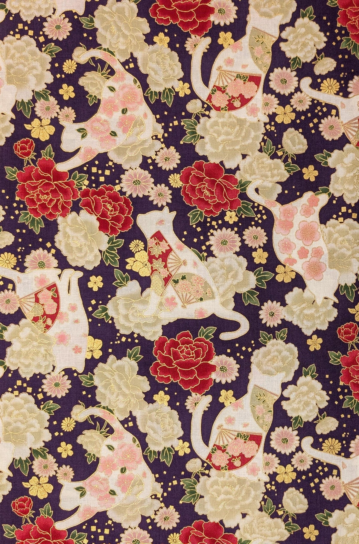 NEW Cats and Roses QuiltGate Hyakka Ryoran Japanese cotton fabric HR3480-12 D purple