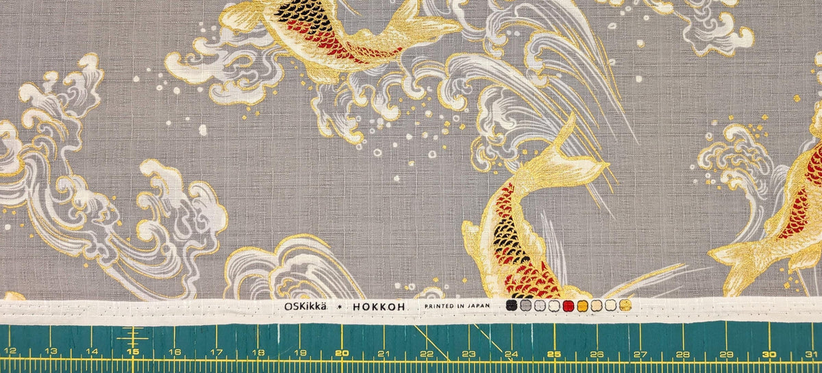 Swimming Golden Koi Hokkoh Japanese cotton dobby fabric 1025-100-2 B gray