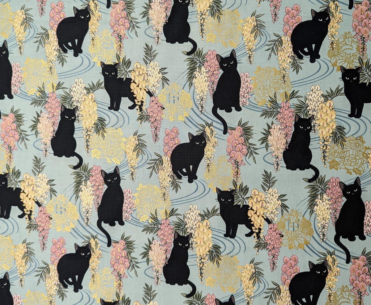 QuiltGate - Hyakka Ryoran Cats and Wisteria Cotton Fabric - Blue