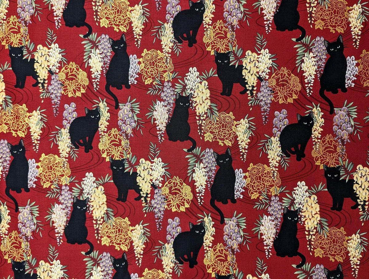 QuiltGate - Hyakka Ryoran Cats and Wisteria Cotton Fabric - Red