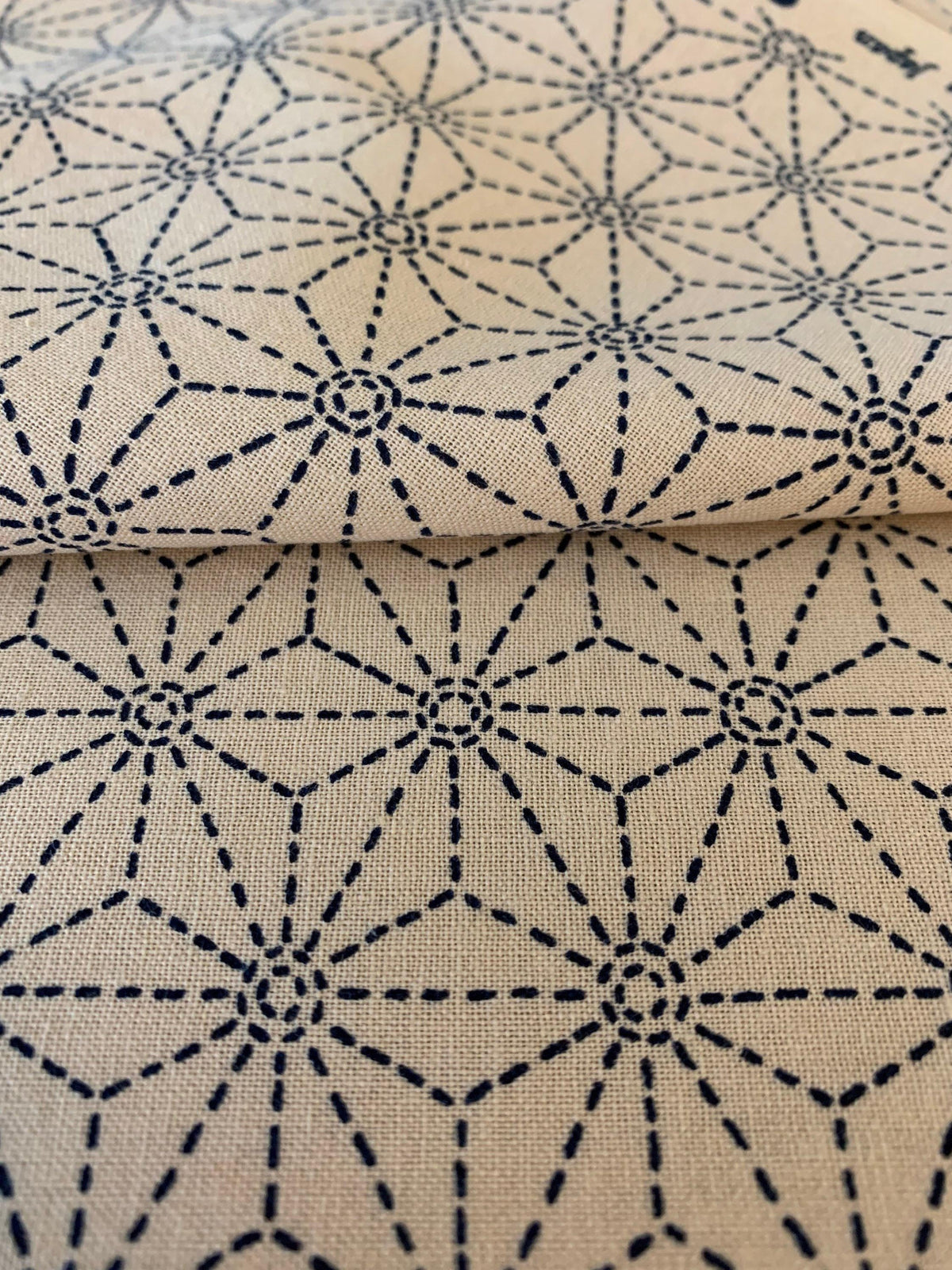 Sevenberry - Sashiko Asanoha Stars Cotton Fabric - Beige Blue
