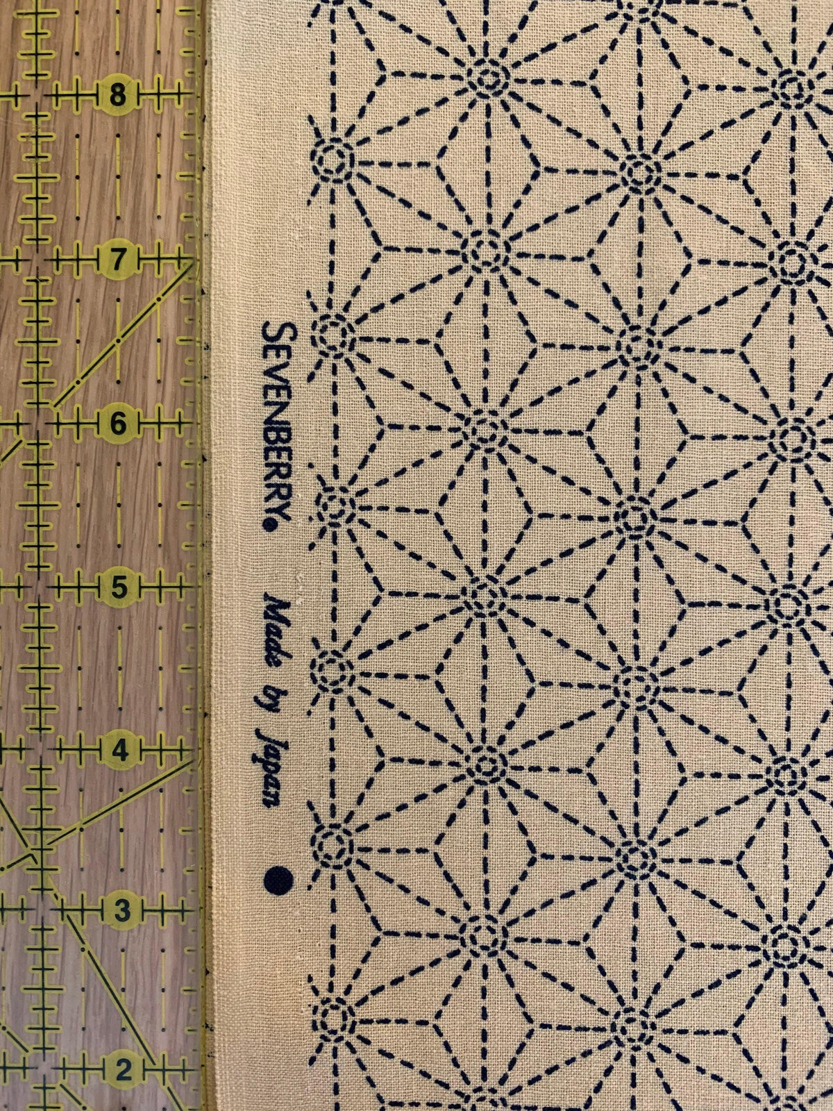 Sevenberry - Sashiko Asanoha Stars Cotton Fabric - Beige Blue