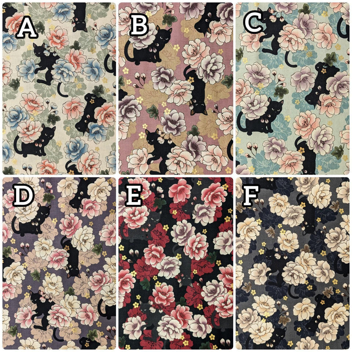 QuiltGate - Hyakka Ryoran Blossoming Cats Cotton Fabric - Black