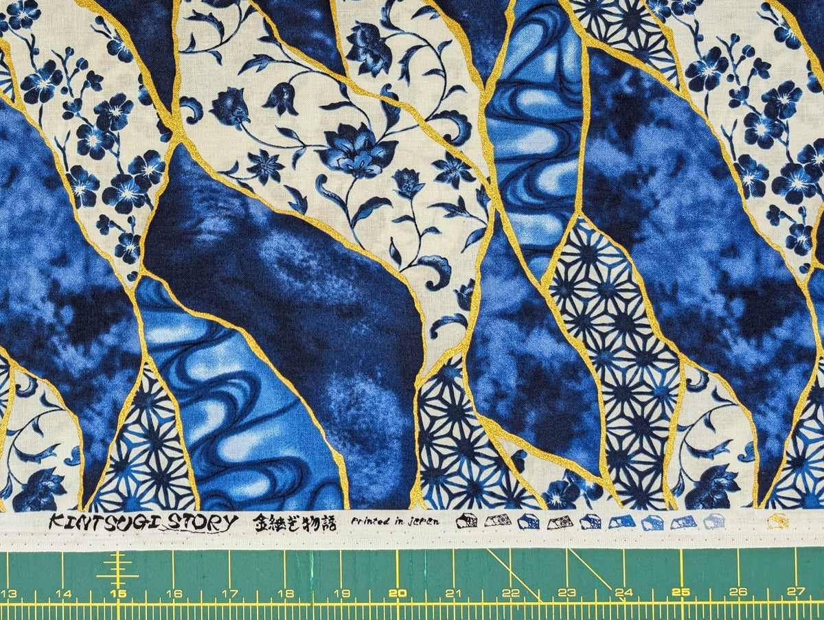 Senyo - Patterned Golden Kintsugi Cotton Fabric - Blue